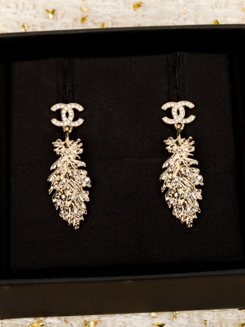 Chanel Gold-Tone Crystal CC Leaf Drop Earrings
